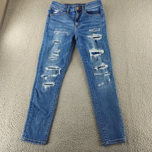 American Eagle Jeans Womens 6 Blue Hi Rise Jegging Crop Super Stretch Distressed - Picture 1 of 16